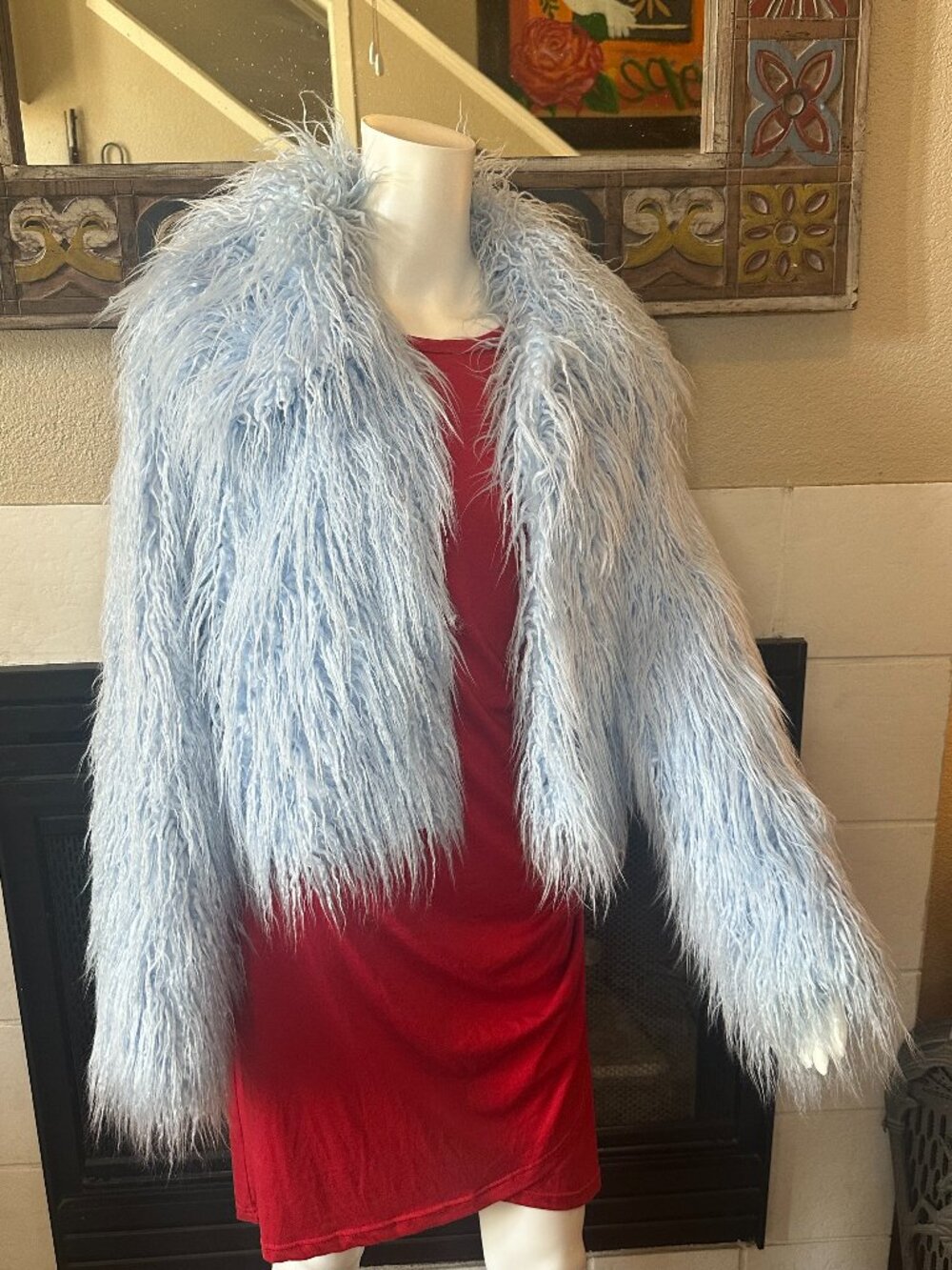 VTG FOREVER21 Blue Long Hair Faux Fur open Jacket Large Long Sleeve Collared